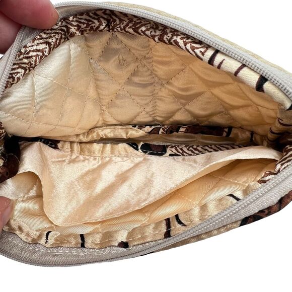 Mini Purse Wallet Satin Quilted Brown Leaf Cheetah Handle Zip 7" x 3.5" Divider - Picture 4 of 8